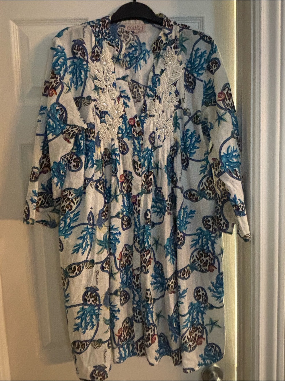 Emilia Positano White button up dress with Blue Coral & Shell Motif and beading